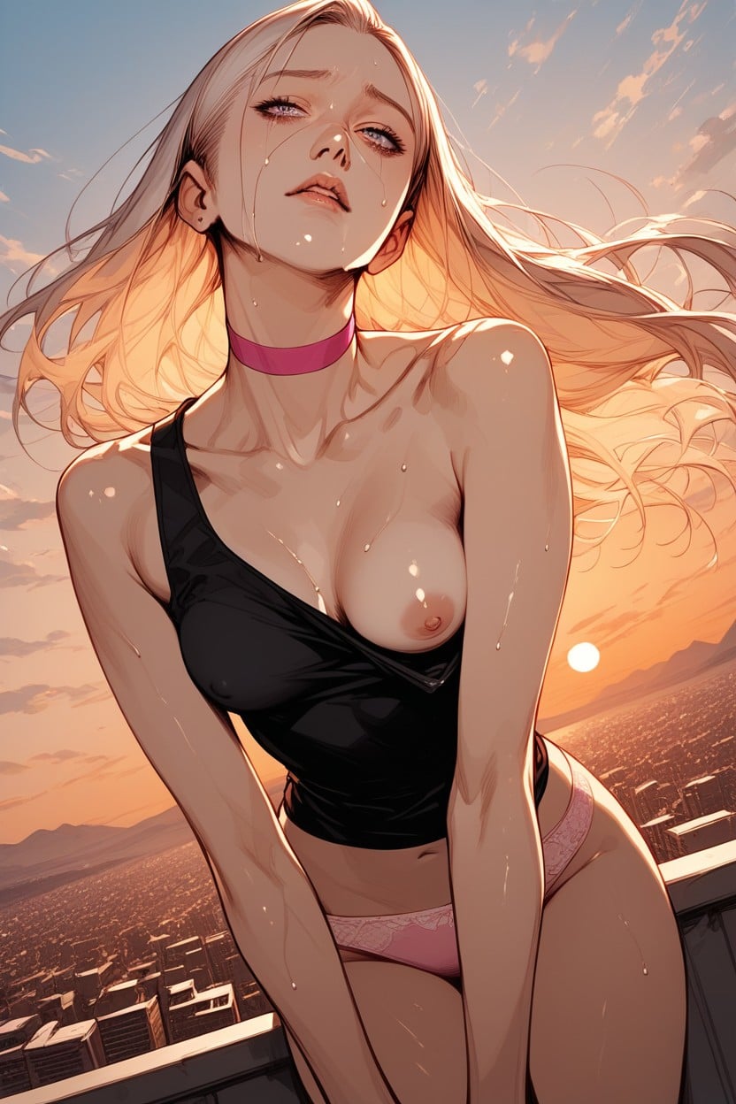 Sweating Face, De Arriba A Abajo, Pulled Down Black Tank Top Hentai IA