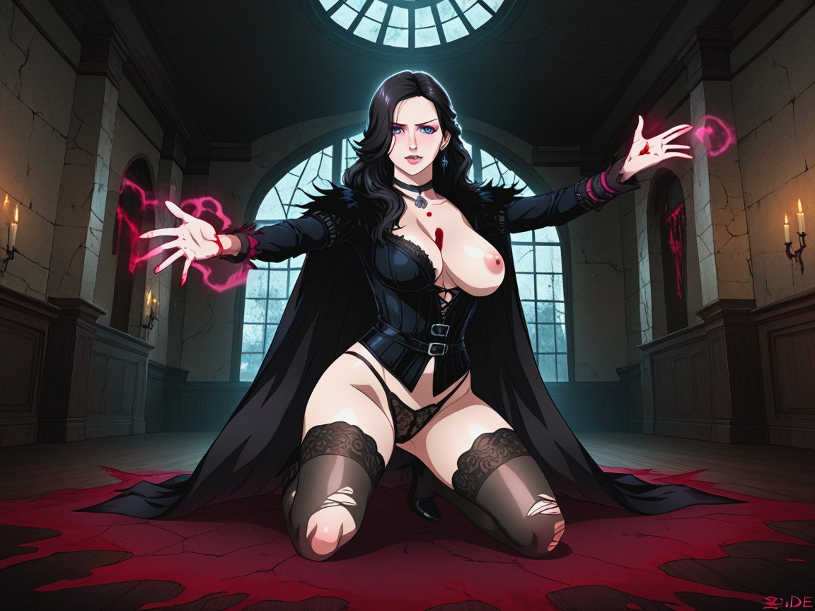 Magic Purple Light From Her Hands, Large Natural Breast, On A Pile Of Bones Hentai AI Porn