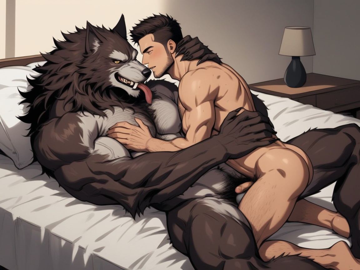 フィット, Nighttime, The Werewolf Is Hugging And Licking A White Man ゲイAIポルノ