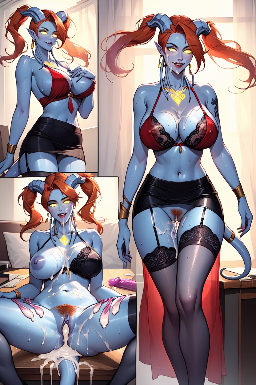 Smug Face, Sitting On A Desk With Legs Spread Wide Open, Draenei From Warcraft Hentai AI Porn