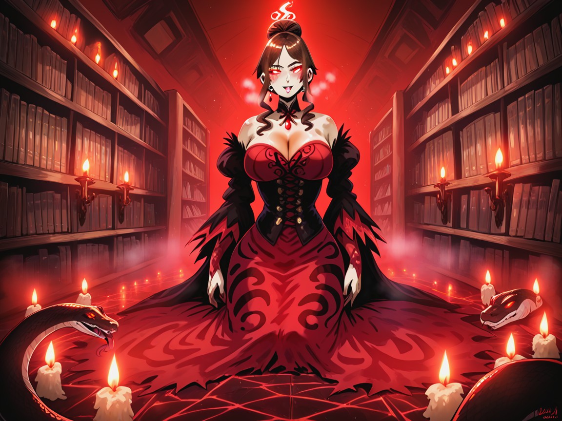 Hair Bun, Library Background, Wide Long Shoulders Hentai AI Porn