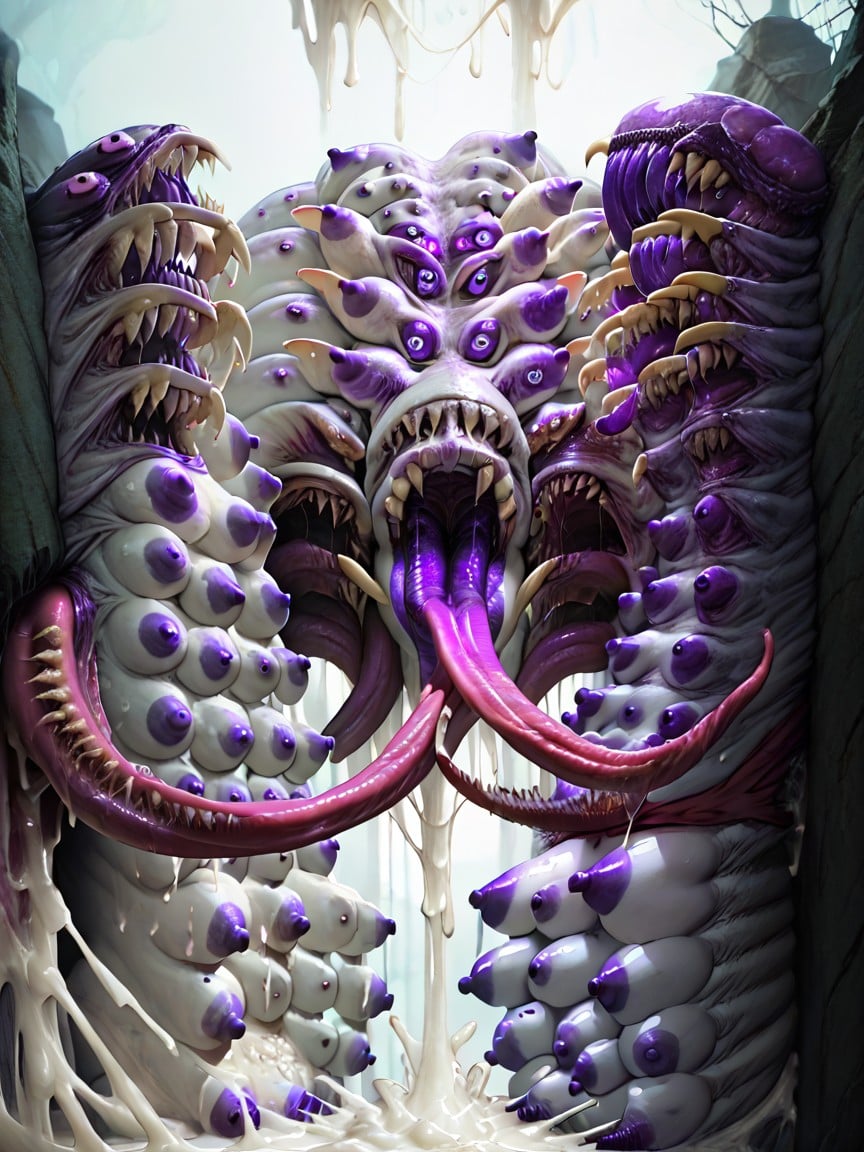 Tittyfucking With Her Multiple Tits, Purple Spotted Skin On Arms, Weird Anatomy Hentai AI Porn