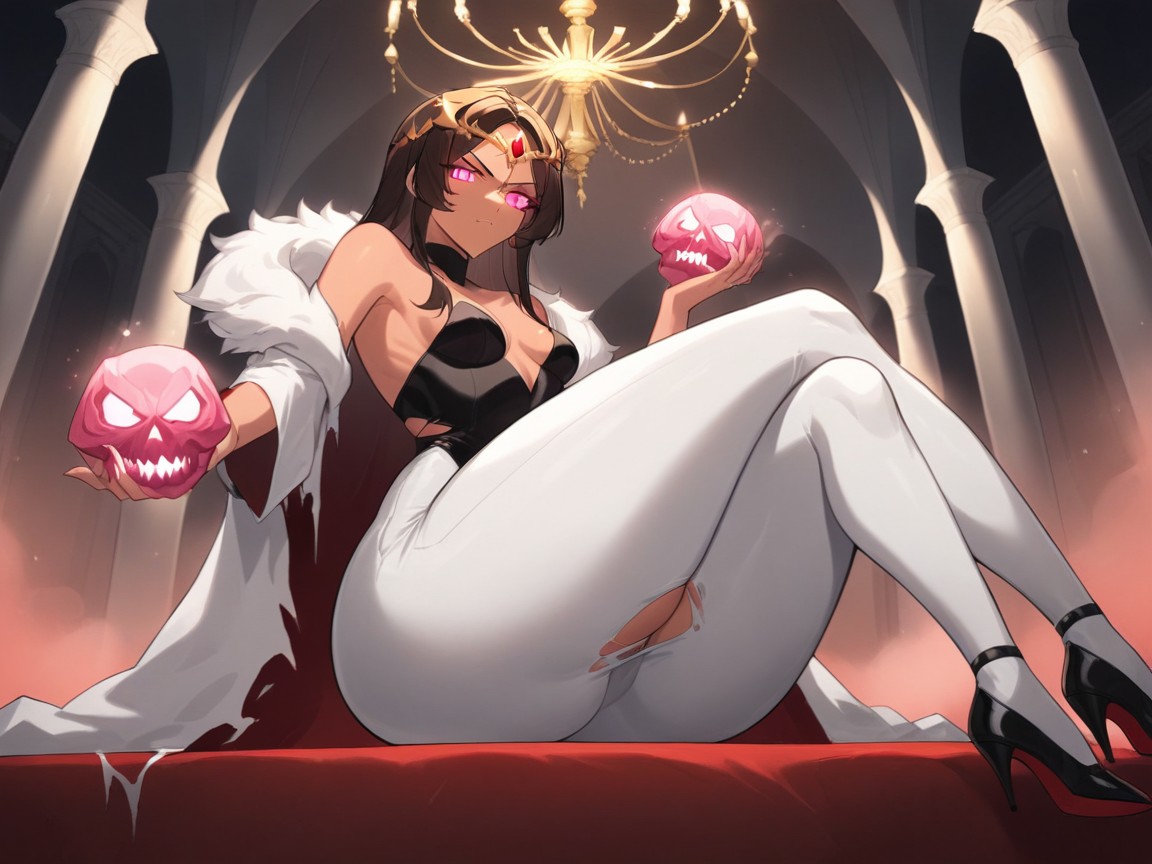 Snatched Waist, Woman Holding A Skull, Neon Red Tint Background Hentai AI Porn