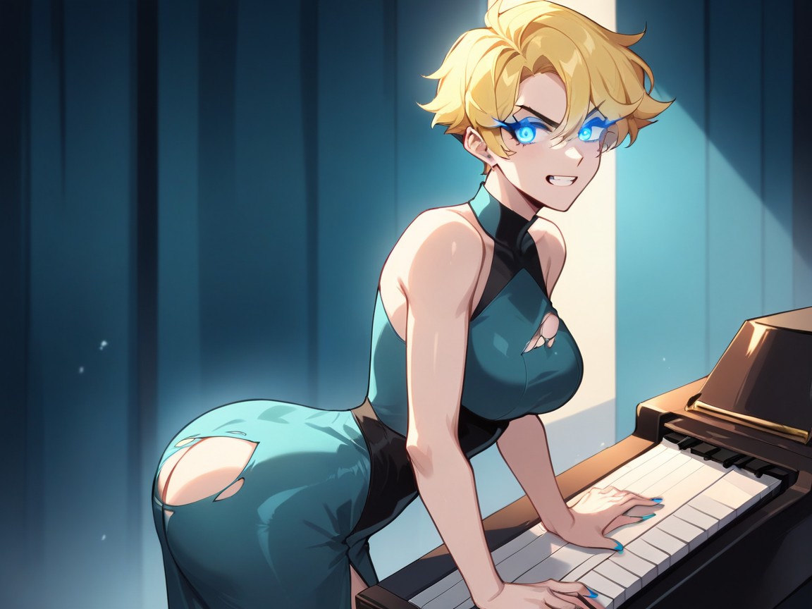 Shattered Glass Floor, Low Torso Height, Blonde Hair Hentai AI Porn