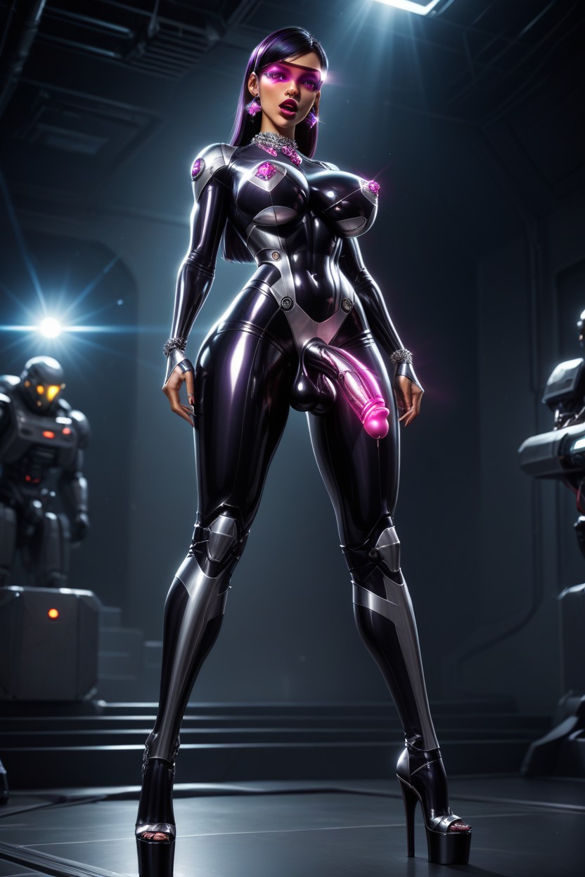 Wearing Extremely Shiny Full Metallic Latex Catsuit With Gloves, Erect Metallic Nipples Shooting Lasers, Tall Wedges ラティーナAIエロ