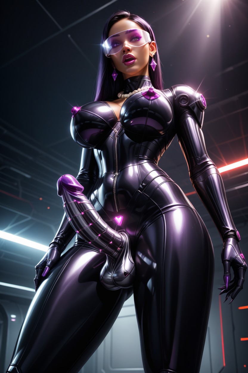 Diamond Necklace, Clear Visor, Robot Violet Parr With Metallic Pointy Erect Penis Porno IA Latina