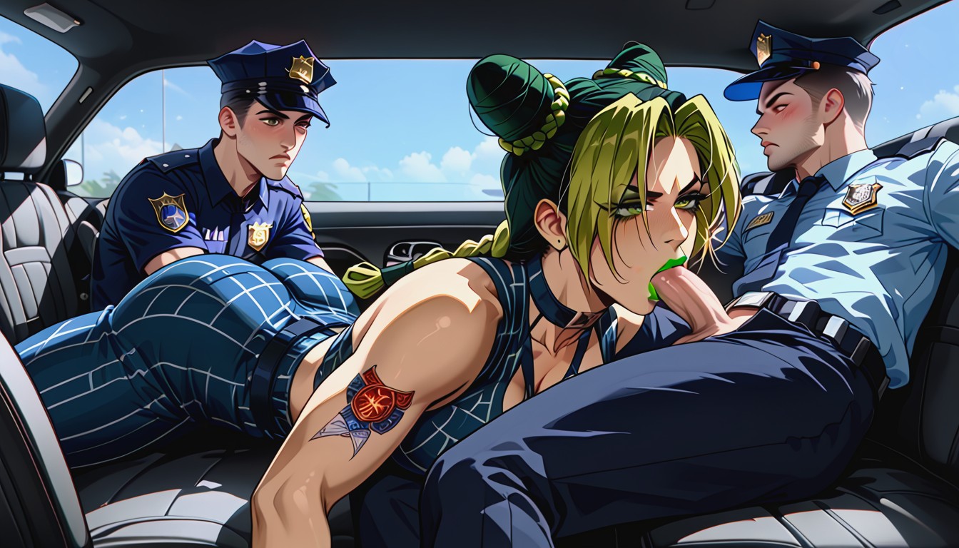 Jolyne Gives Cop Man Blowjob, Highest Quality, Avergonzada Hentai IA