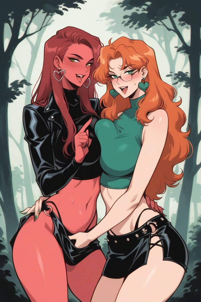 Two Women, Pretty Faces, Midriff Showing Hentai IA