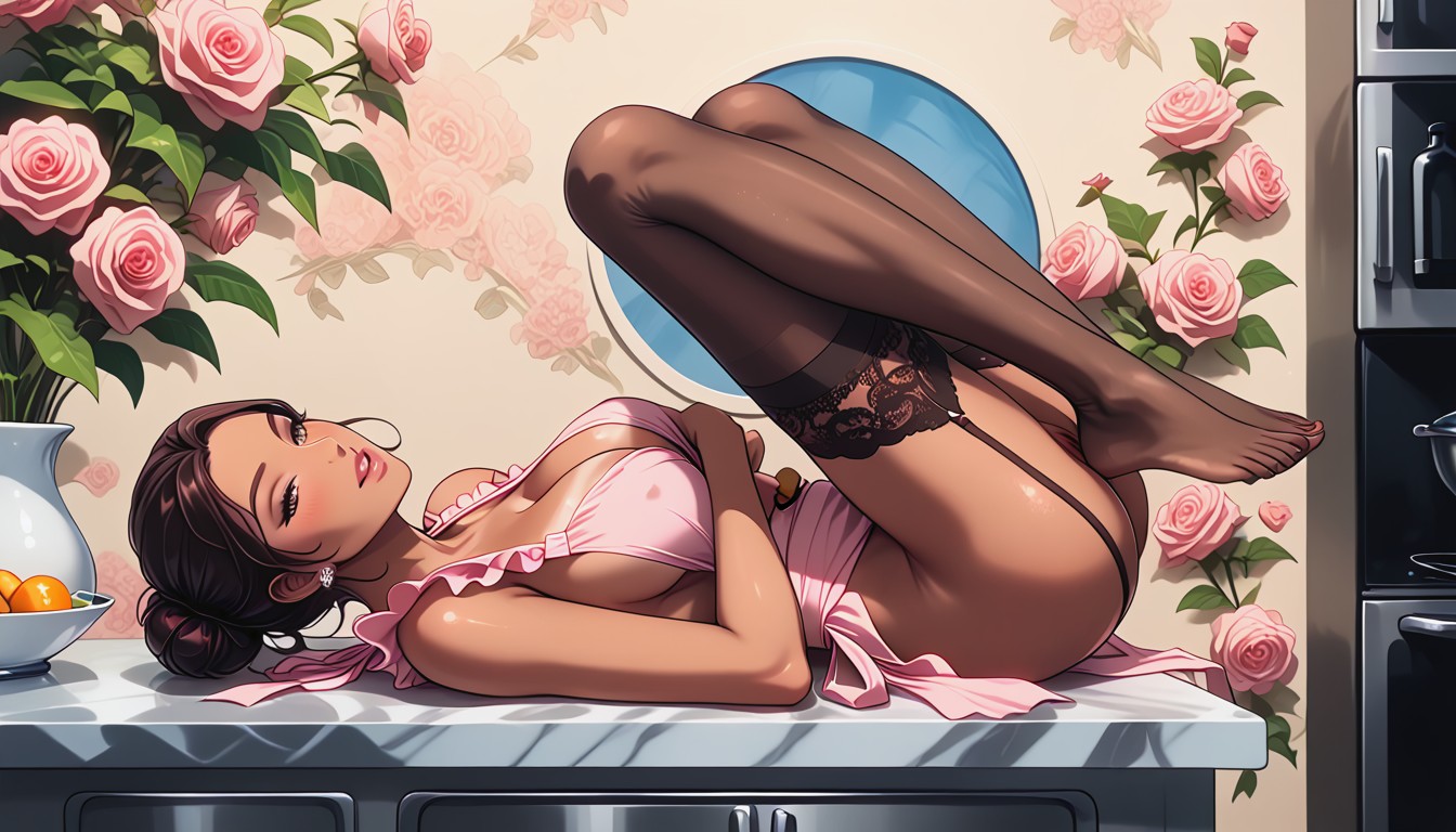 Hair In Bun, Tanned Skin, In Between Spread Legs Laying Down Sex AI Porn