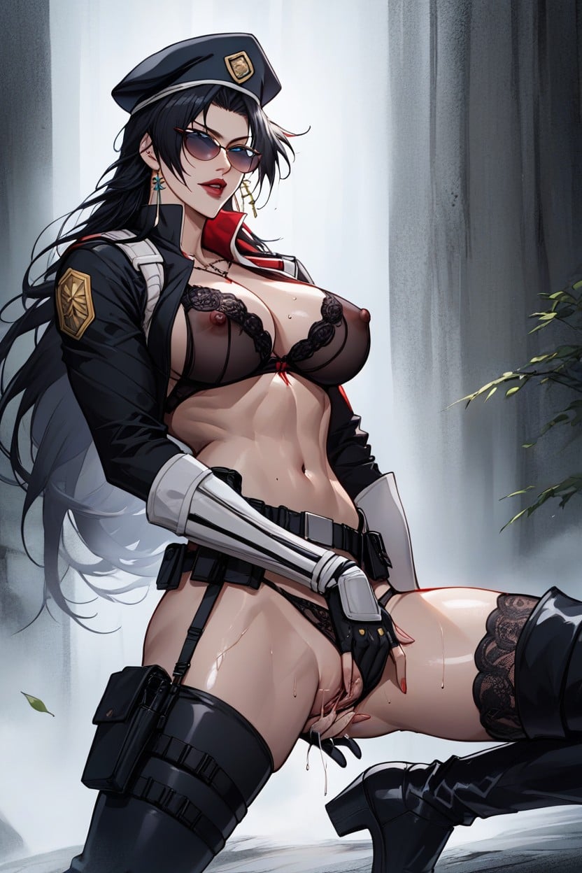 Black Hair, Panties On One Leg, Breasts Sticking Out Hentai AI Porn