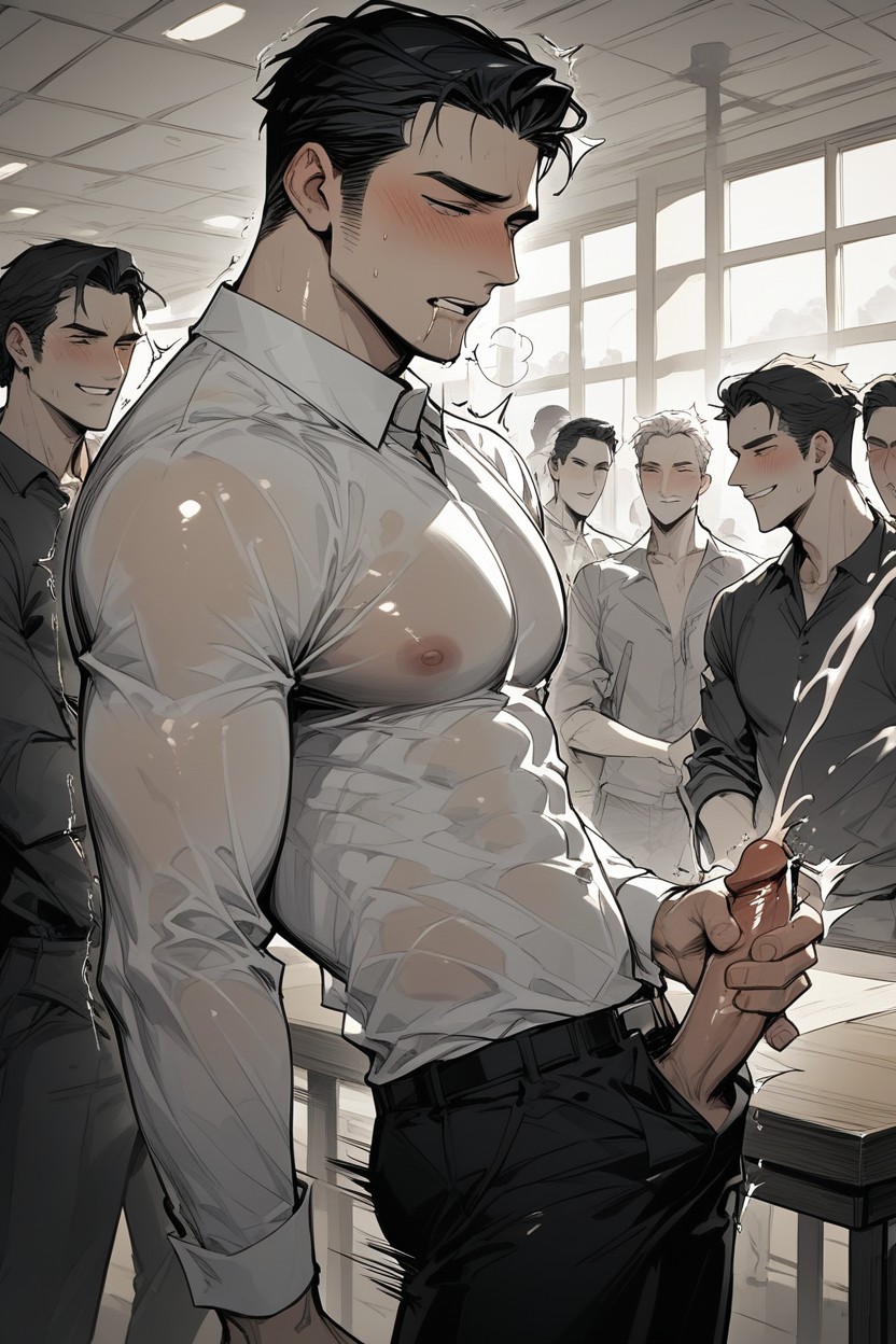 Crowd Watching, Anal Orgasm, Black-haired Man Groped By Crowd AI Gay Porn