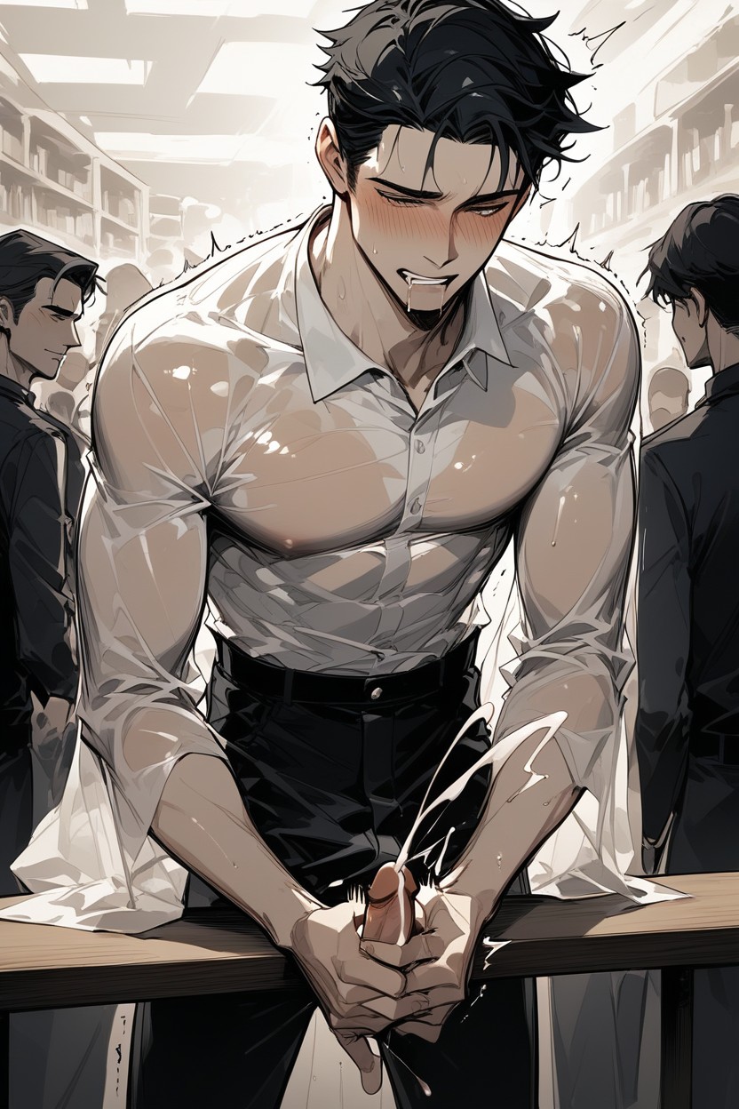 Black-haired Man Being Given Handjob From Crowd Behind, Effect Lines, Bend Down AI同性戀黃片