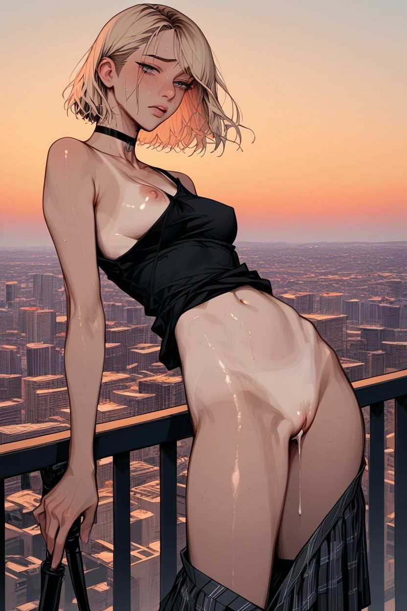 Black Choker, Juice Dripping From Pussy, Rooftop Hentai AI Porn