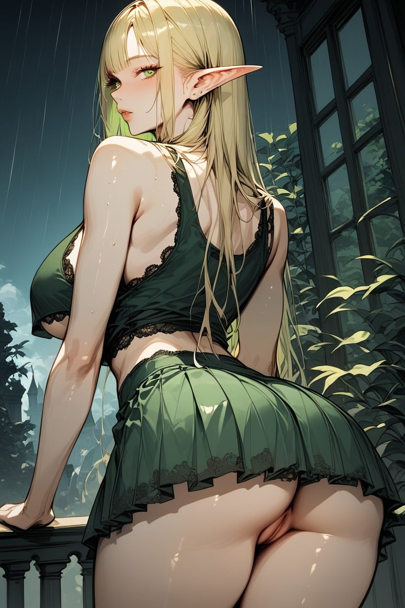 The Skirt Has Black Strings Running Through Silver Eyelets, Pussy Peek, Naked Pussy Hentai AI Porn