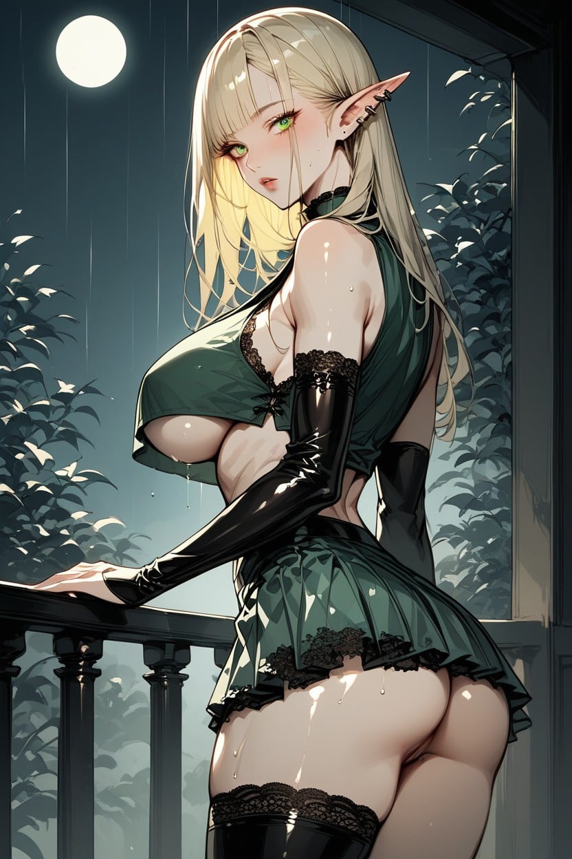 Pussy Peek, Stockings, The Skirt Has Black Strings Running Through Silver Eyelets Hentai AI Porn