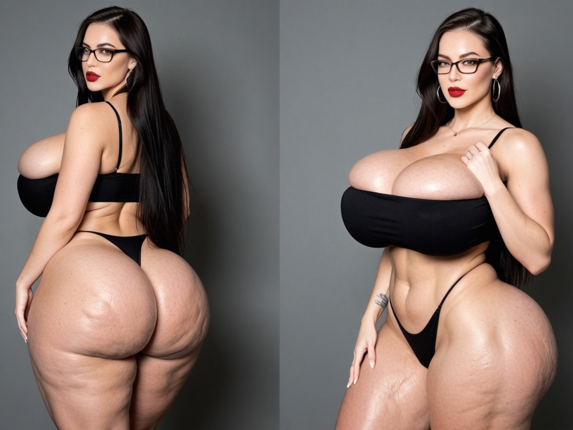 Extreme Colossal Breasts, Extreme Wide Hips, Thick Black Bandeau Bikini AI Porn