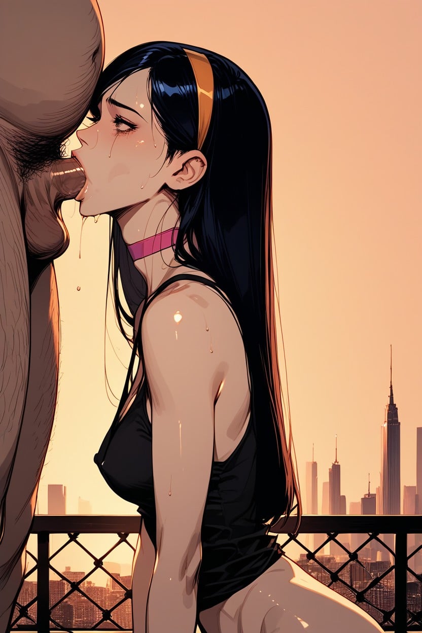 Full Body Of Woman, Pink Choker, City View Hentai AI Porn