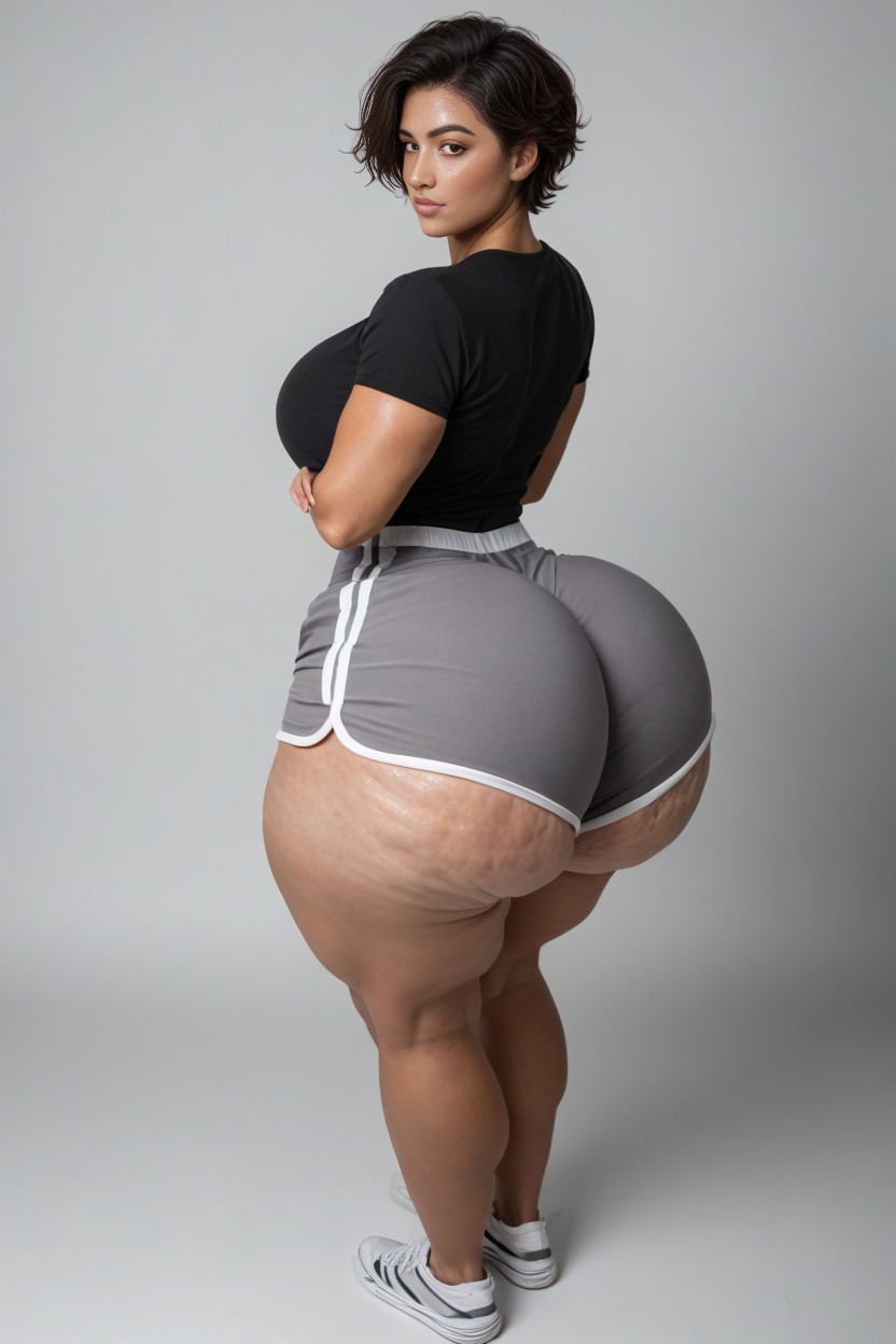 Thick Hyper Thighs, Big Round Eyes, Plain T Shirt AI Porn
