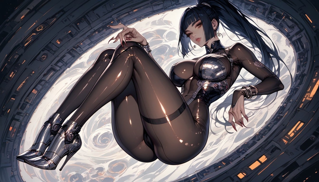 In The Air, Straight Hair, Luxurious Silver Metallic Sling Bikini Over Bodystocking Hentai AI Porn