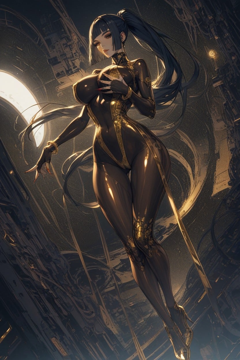 Sexy Transparent Flesh Bodystocking With Luxurious Golden Metallic Trimming, Dutch Angle, Panoramic Vista Hentai AI Porn