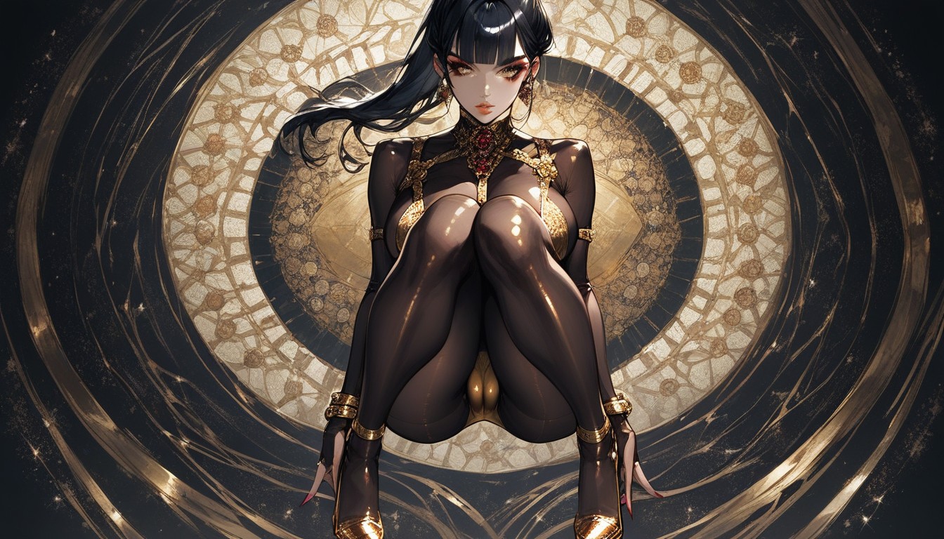 Ultra Detailed, Eyeliner, Luxurious Golden Metallic Sling Bikini Over Bodystocking Hentai AI Porn