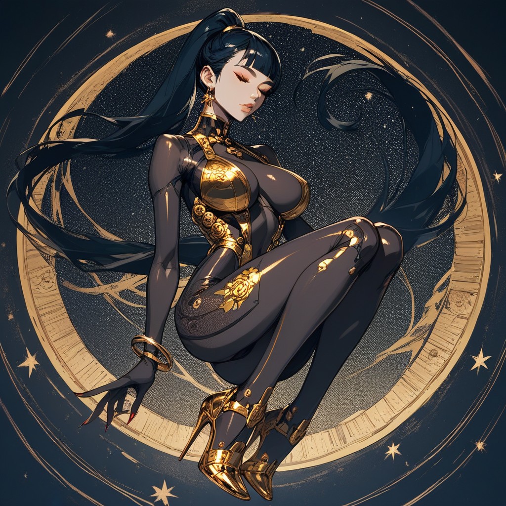 Sexy Transparent Flesh Bodystocking With Luxurious Golden Metallic Trimming, Floating Hair, Floating Hentai AI Porn