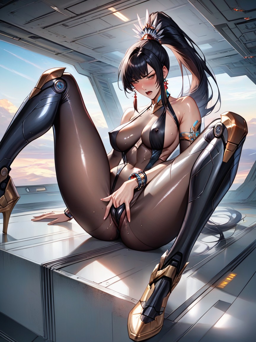 Bangs, Sleek Luxurious Metallic Sling Bikini Over Bodystocking, Sleek Seethrough Bodystocking Hentai AI Porn