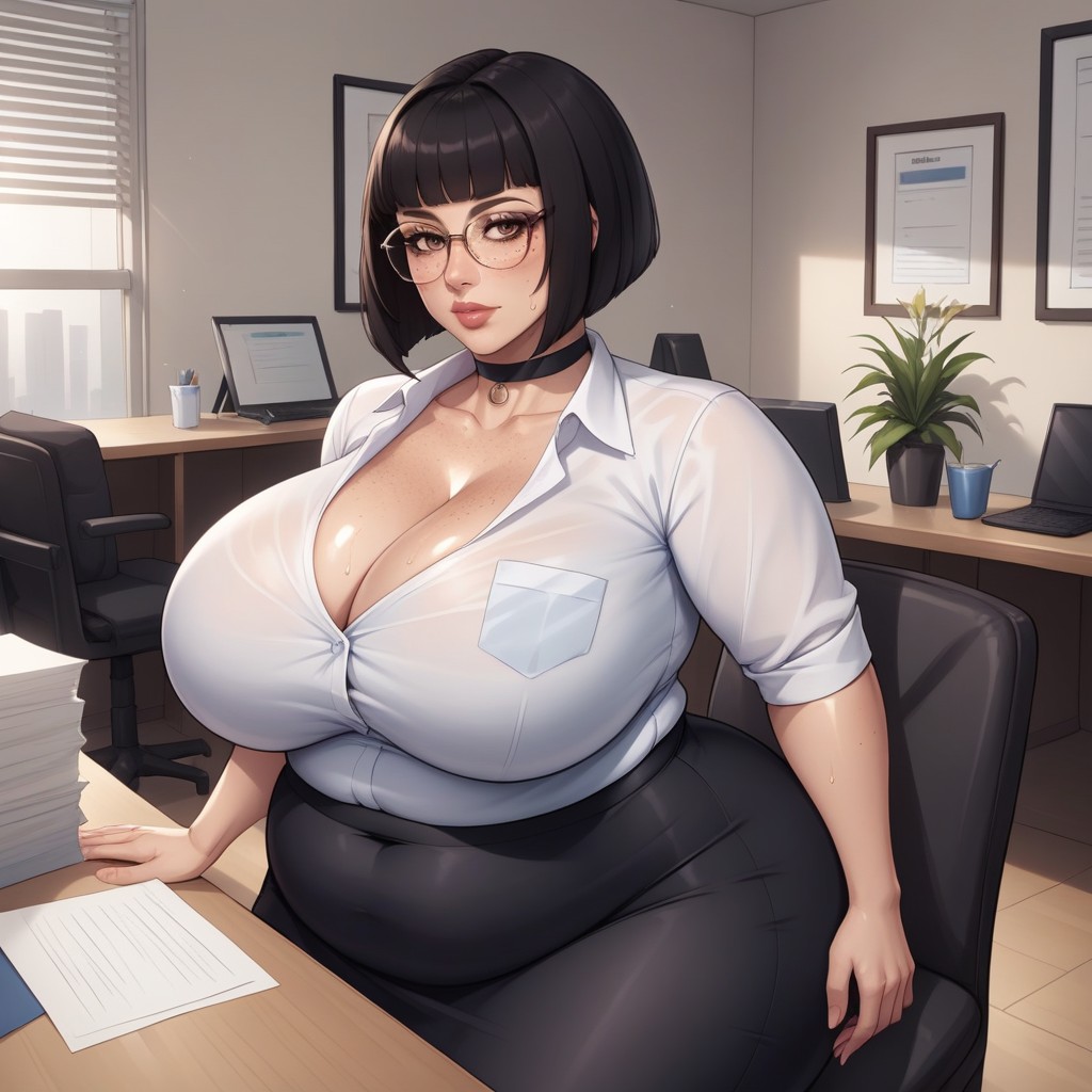 Cleavage, Form Fitting Clothes, Black Hair Hentai AI Porn