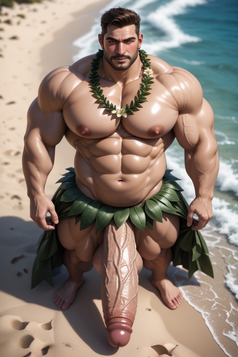 Big Hyper Alpha Long Cock, Cock Out, Wearing Leaf Skirt AI Gay Porn