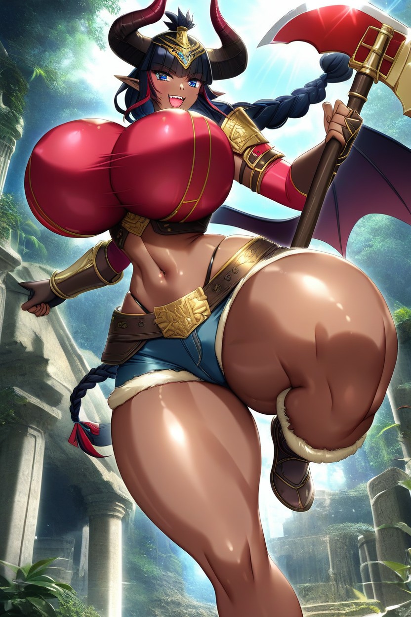 Wavy Hair, Holding Long Black Axe In Right Hand, Dark Brown Skin Hentai AI Porn