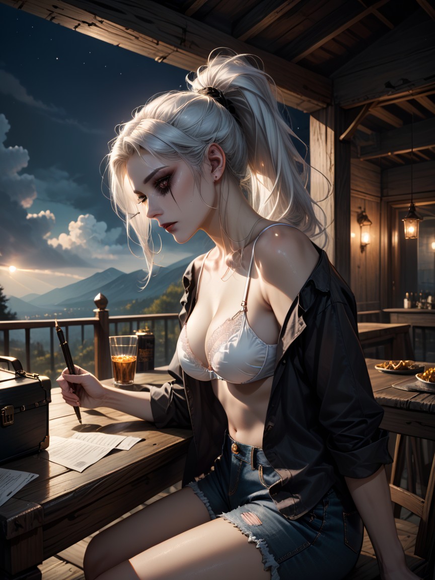 White Bra, Plain Business Man Sitting At Table, Darkness Hentai AI Porn