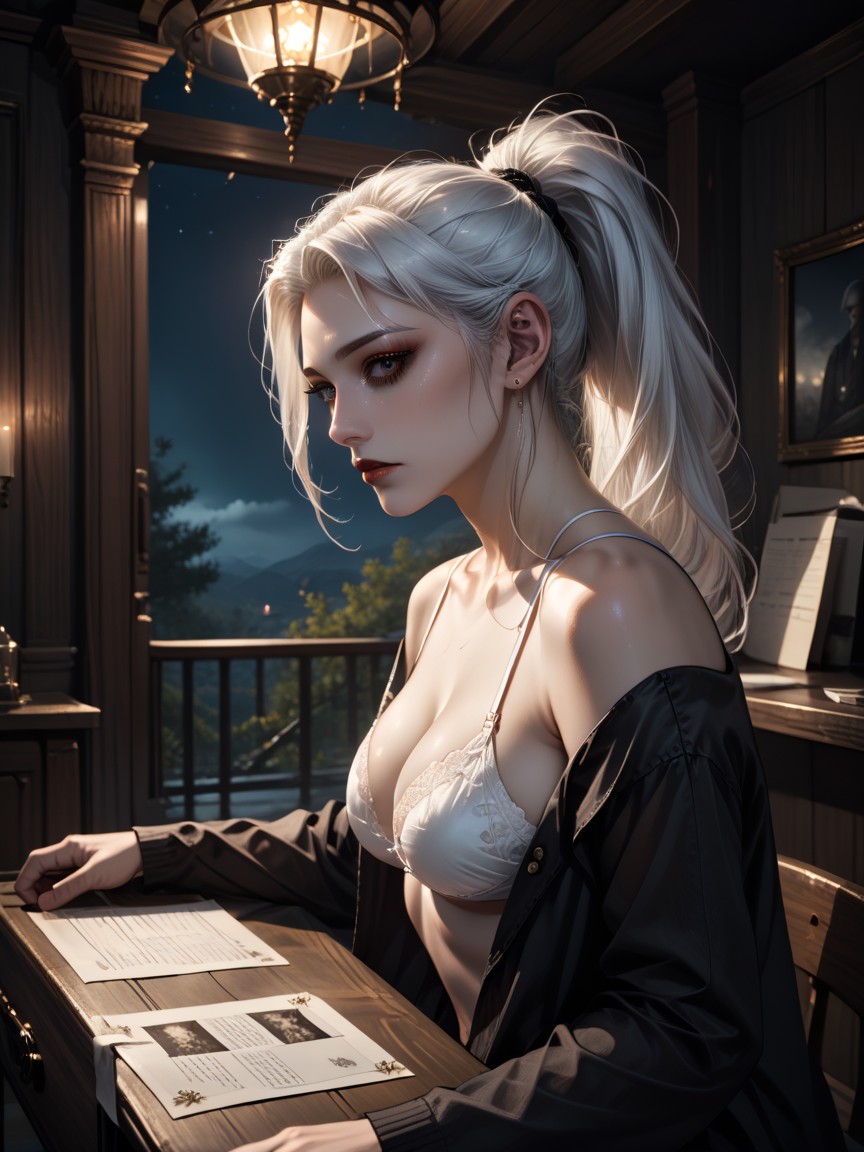 Single Bra Strap Off, 18+, White Hair Hentai AI Porn