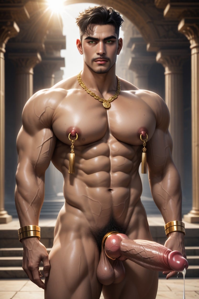 Erect Cock Pointing Sky And Squirting Thick White Cum, Defined Huge Square Shape Pecs, Muscular AI Gay Porn
