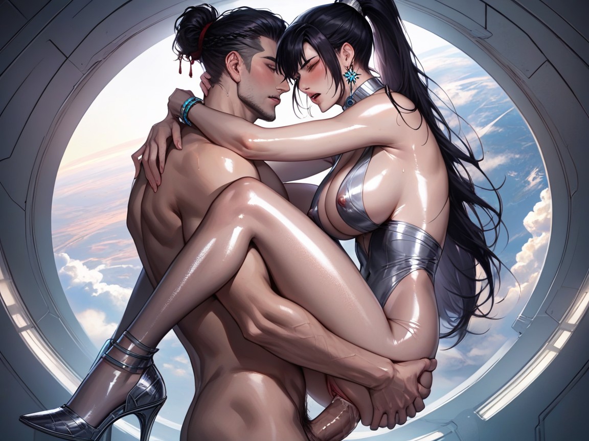 Sleek Metallic Mech Cuff Bracelet, Oiled Skin, Mascara Hentai AI Porn