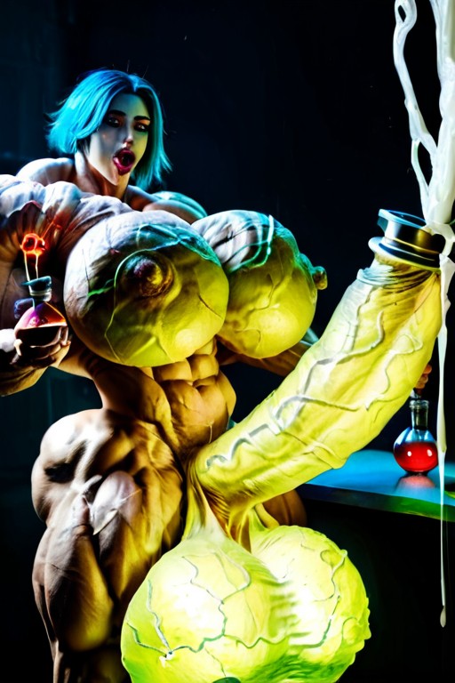 Exaggerated Prominent Glowing Veins All Over Body, Goth Makeup, Impossibly Thick Gigantic Cumshot Shemale AI Porn