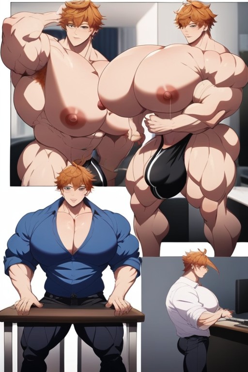 Big Muscle, Hyper Massive Round Pecs, Ginger Hair AI Gay Porn