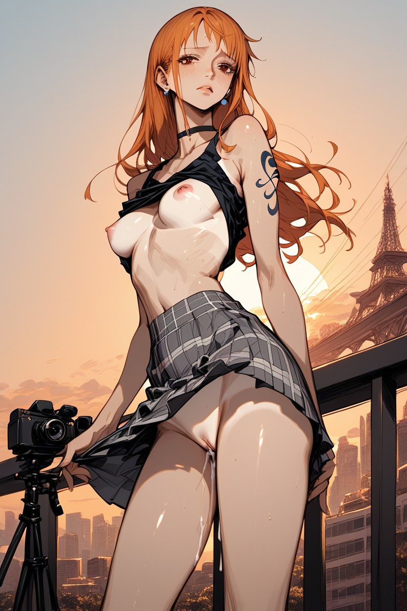 No Bra, Camera On Tripod In Background, Sad Expression Hentai AI Porn
