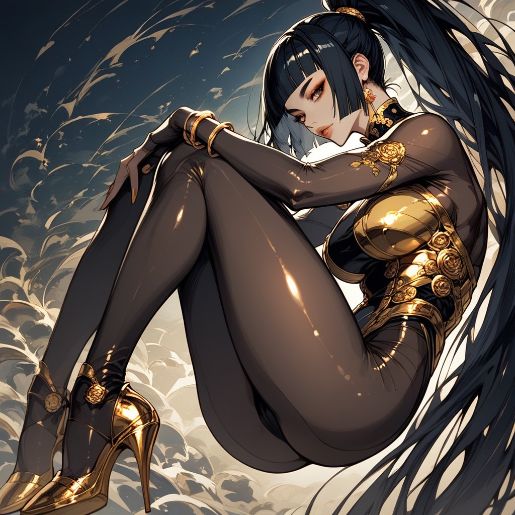 Oiled Skin, Golden Cuff Bracelet, Very Long High Ponytail Hentai AI Porn