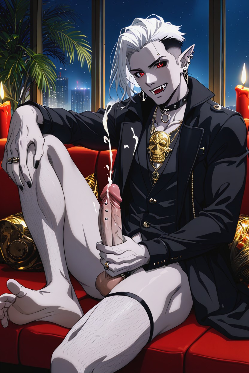 Heavy Eyeliner, Sleeveless Black Trench Coat, Elf Ears AI Gay Porn