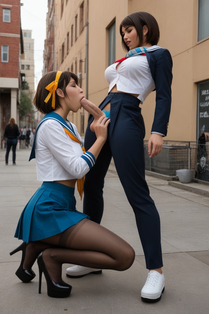 Scarf, Platform Shoes, Blushed Face Shemale AI Porn