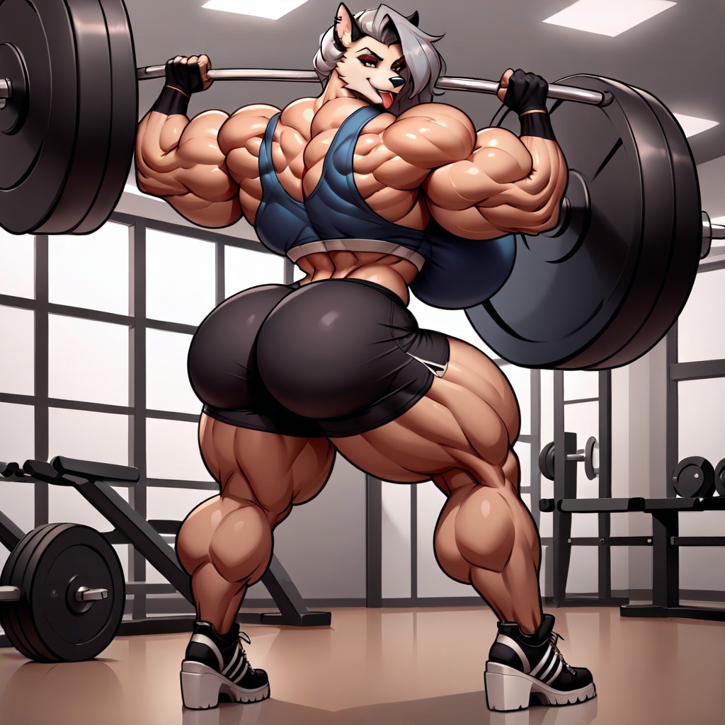 Hyper Muscle, Gigantic Arms Bigger From Body, Black Top Furry AI Porn