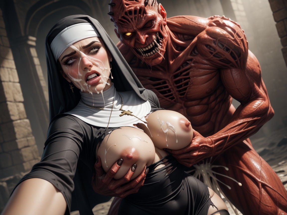 Titan Monster Has Demon Parts, Wide Shot, One Monster AI Porn