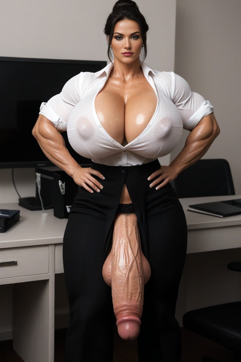 Bottom Up (upskirt), Gigantic Balls, Breasts Exploding Out Of Her Office Shirt Shemale AI Porn