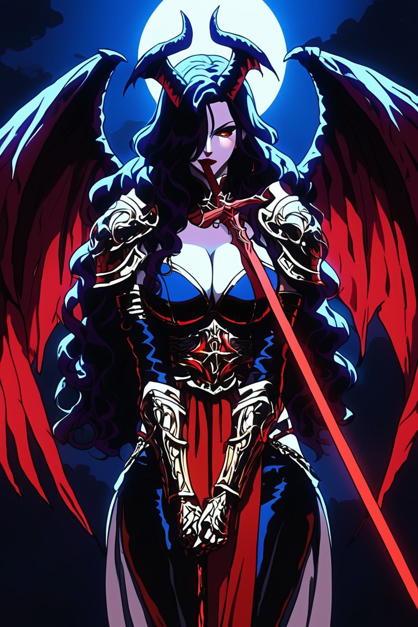 Full Body, Long Demon Head Wings, Huge High Braided Ponytail Hentai AI Porn