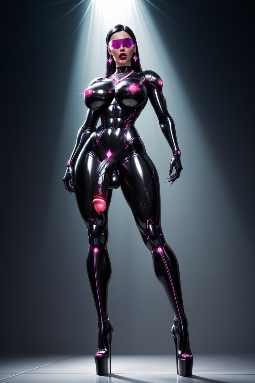 Erect Metallic Nipples Shooting Lasers, Diamond Earrings, Metallic Latex Catsuit AI Porn