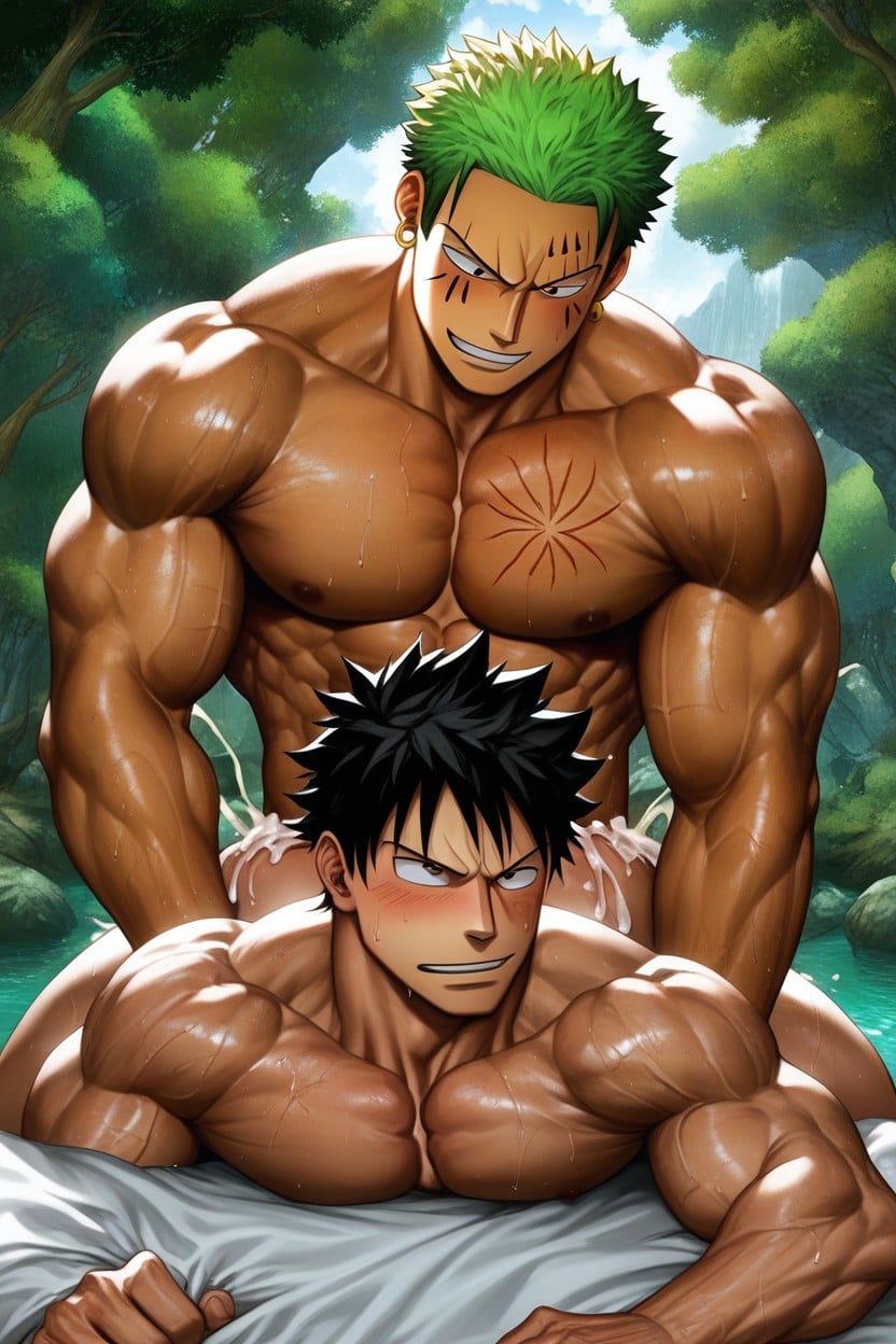 Huge Dick, Zoro's Penis Cumming Inside Luffy's Belly Luffy, Zoro Is Behind Luffy AI Gay Porn