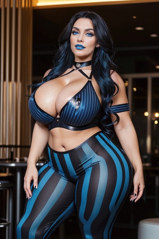 Extremely Muscular Abs, Enormous Steroid Arms, Horizontal Stripped Blouse AI Porn