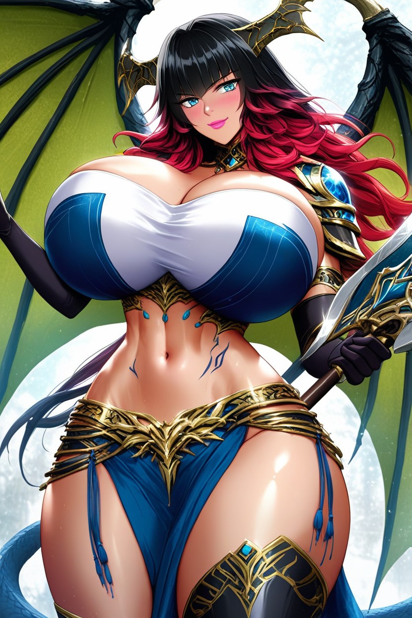 Black Hair Vivid Red Hair, Black Straps Crisscross Over Stomach, Black Straps Crisscross Over Thigh Hentai AI Porn