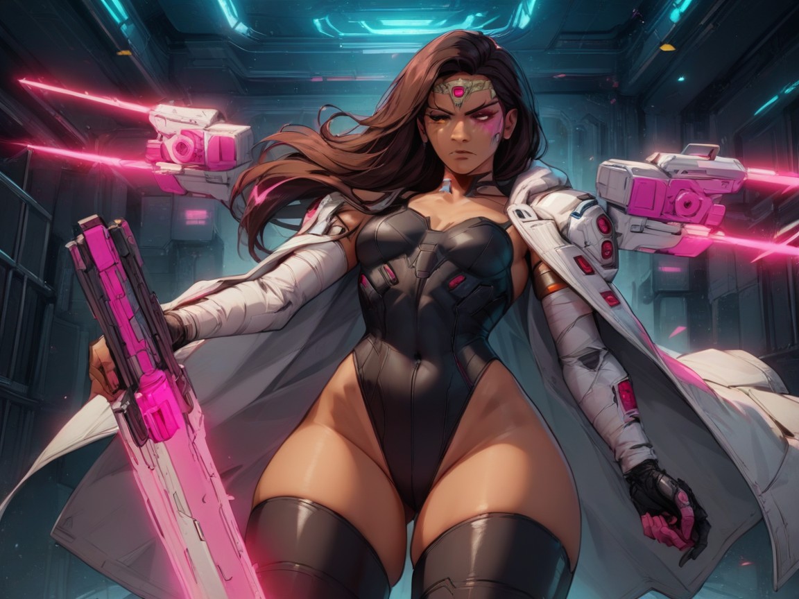 18+, White Fur Coat, Woman Holding A Pink Laser Sword Latina AI Porn