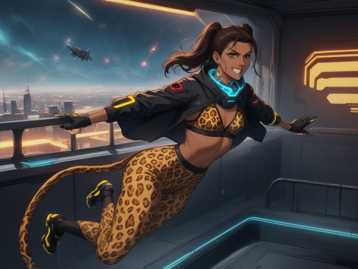 Rounded Ass, Low Waist Leopard Print Yoga Pants, Light Cybernetic Armor Porno latina IA